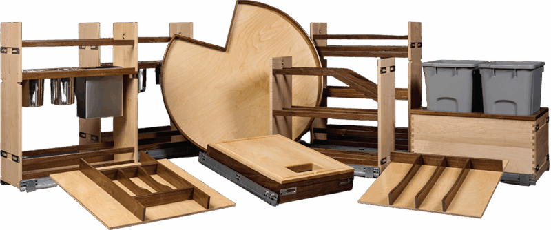This image contains cabinet pull-outs, drawer inserts, lazy susans, waste basket pull-outs, spice rack pull-outs, and other cabinet accessories.