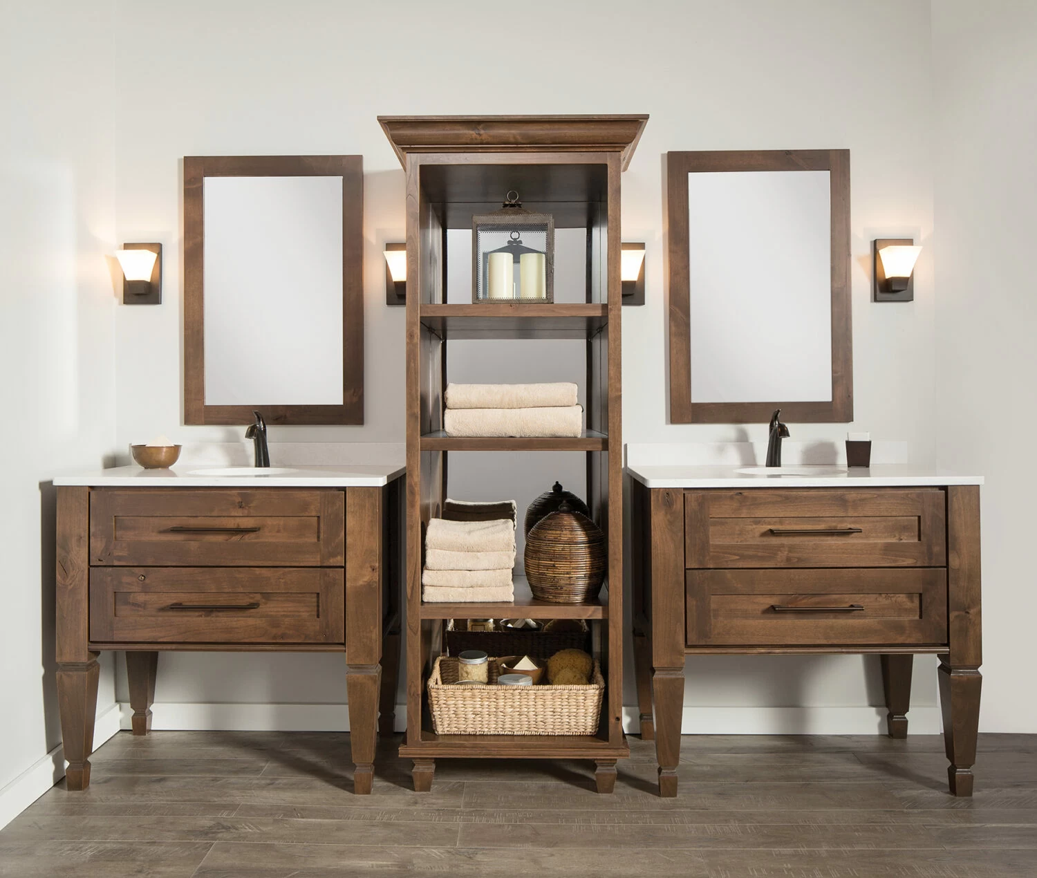 Double bathroom vanity with open-shelving storage