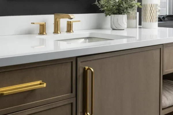 A close-up view of a bathroom vanity with bold, brass hardware