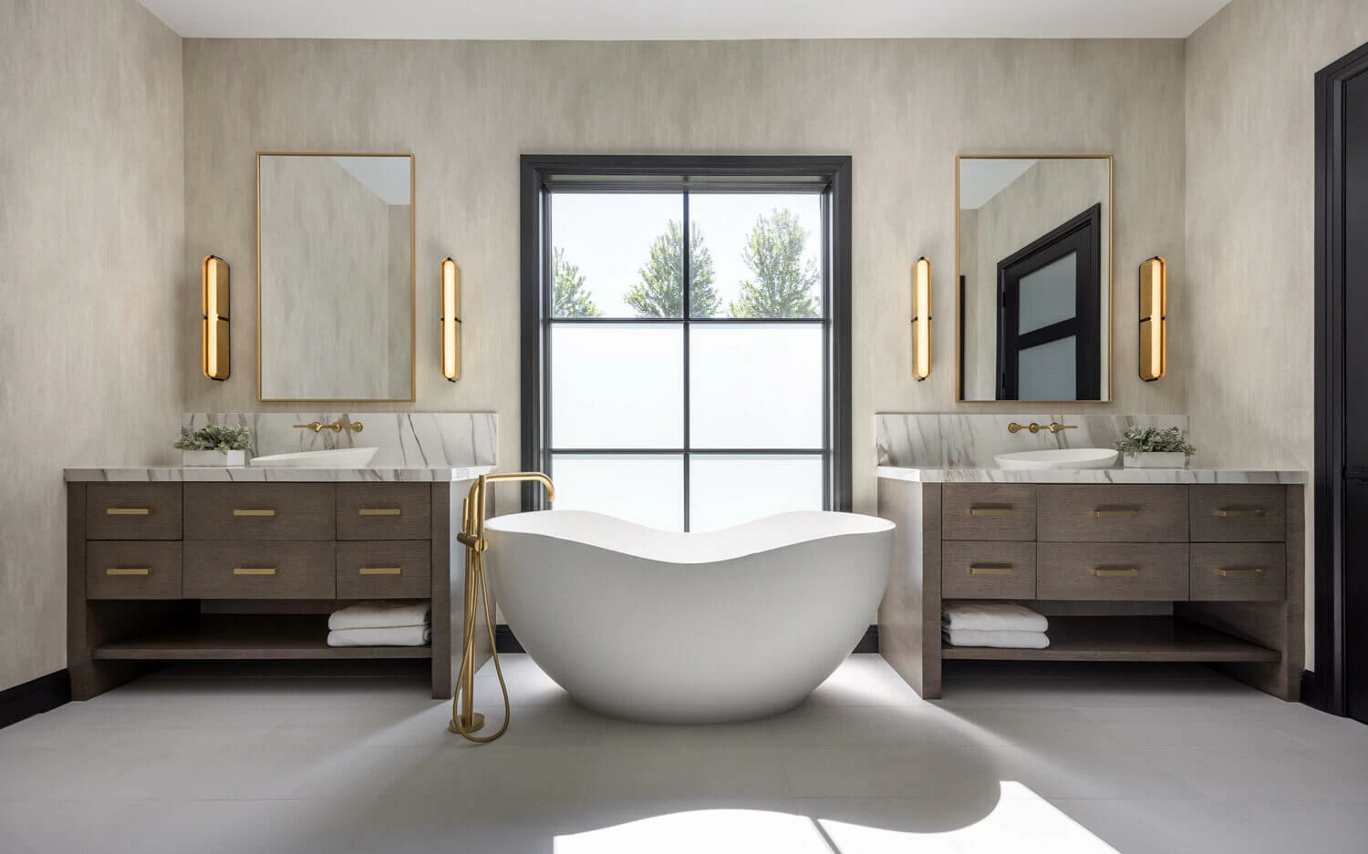 Double vanity with slab doorstyles