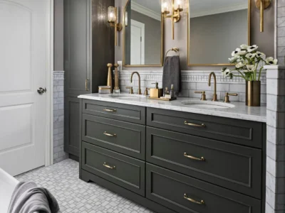 Bathroom with deep green double vanities