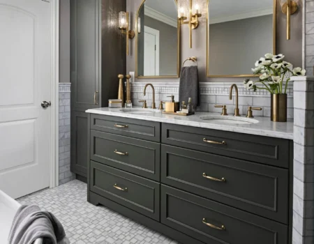 Bathroom with deep green double vanities