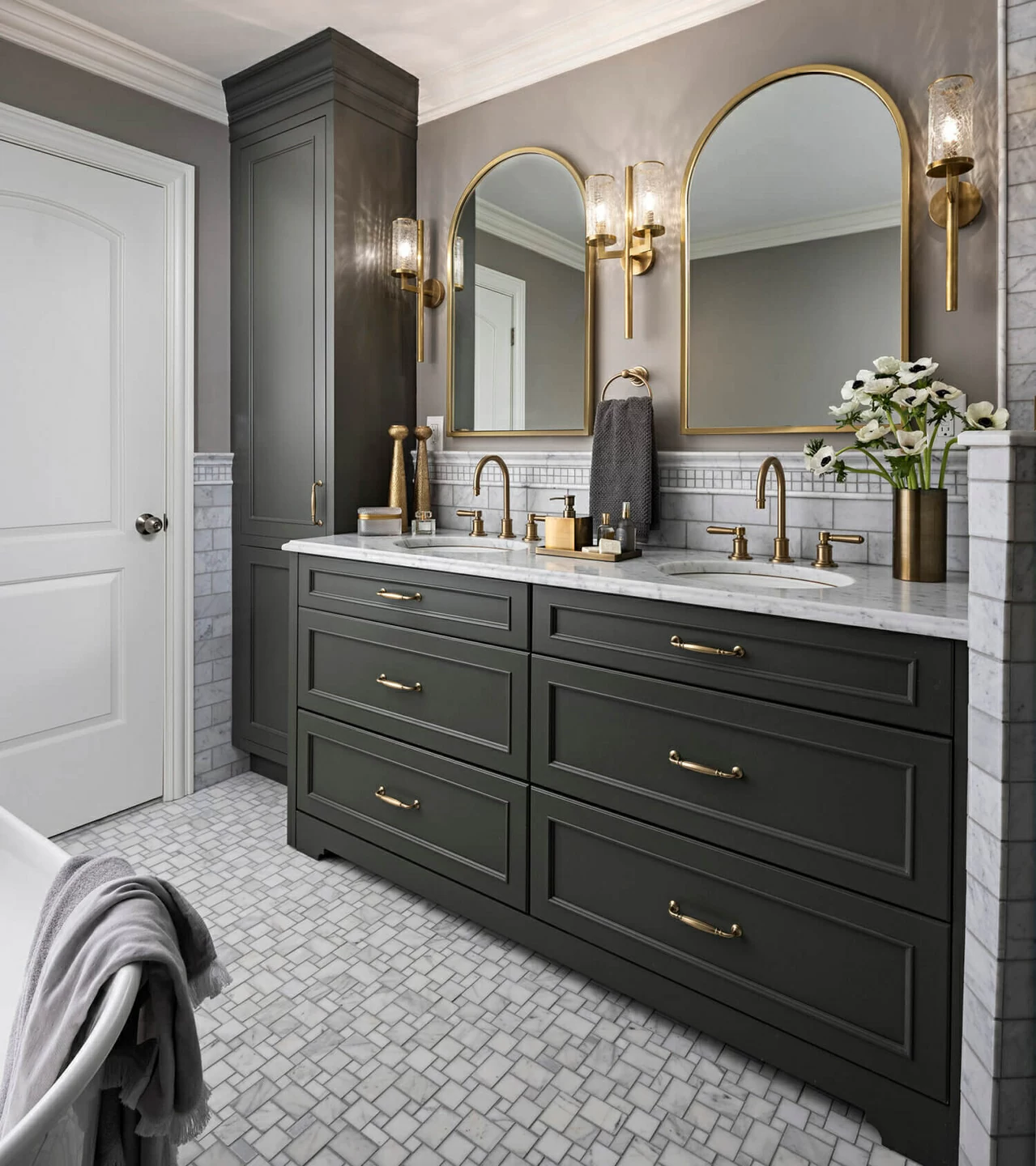 Bathroom with deep green double vanities