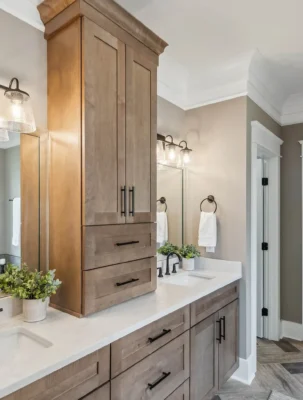 Bathroom vanity cabinets with a linen tower