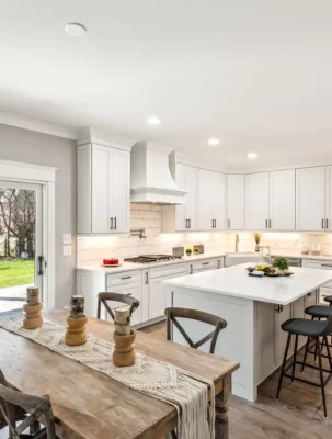 Wide angle shot of a kitchen with white cabinets