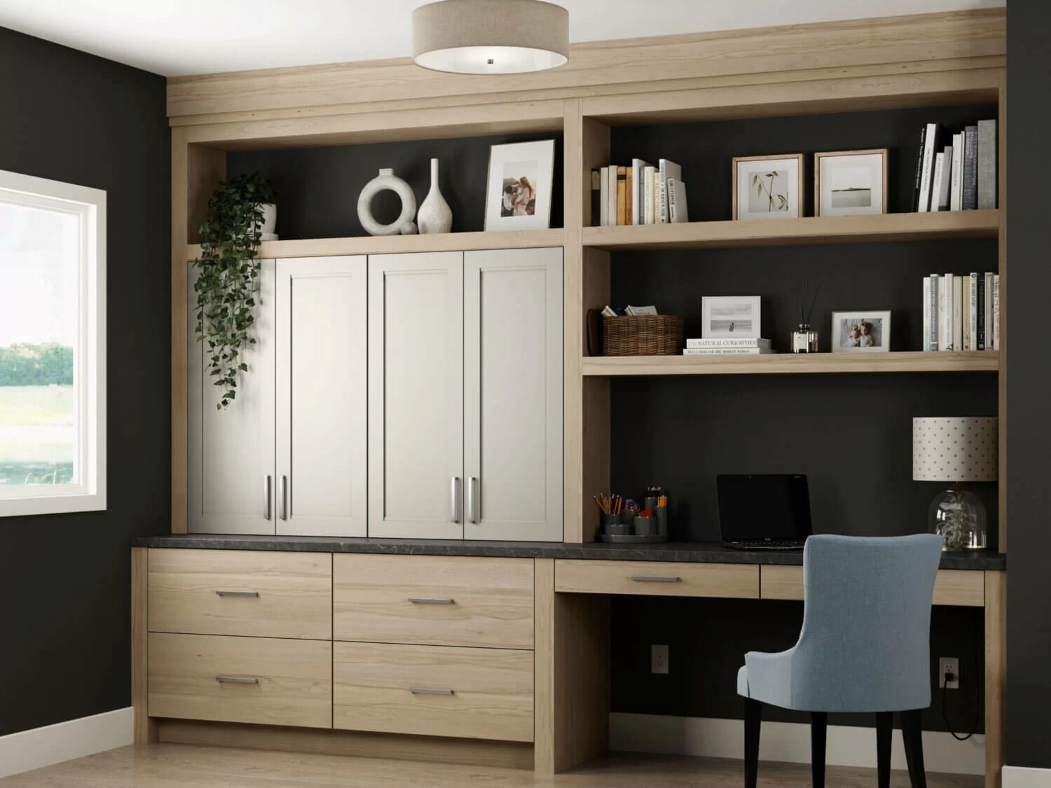 A two-toned study area with a desk, shelves and cabinets
