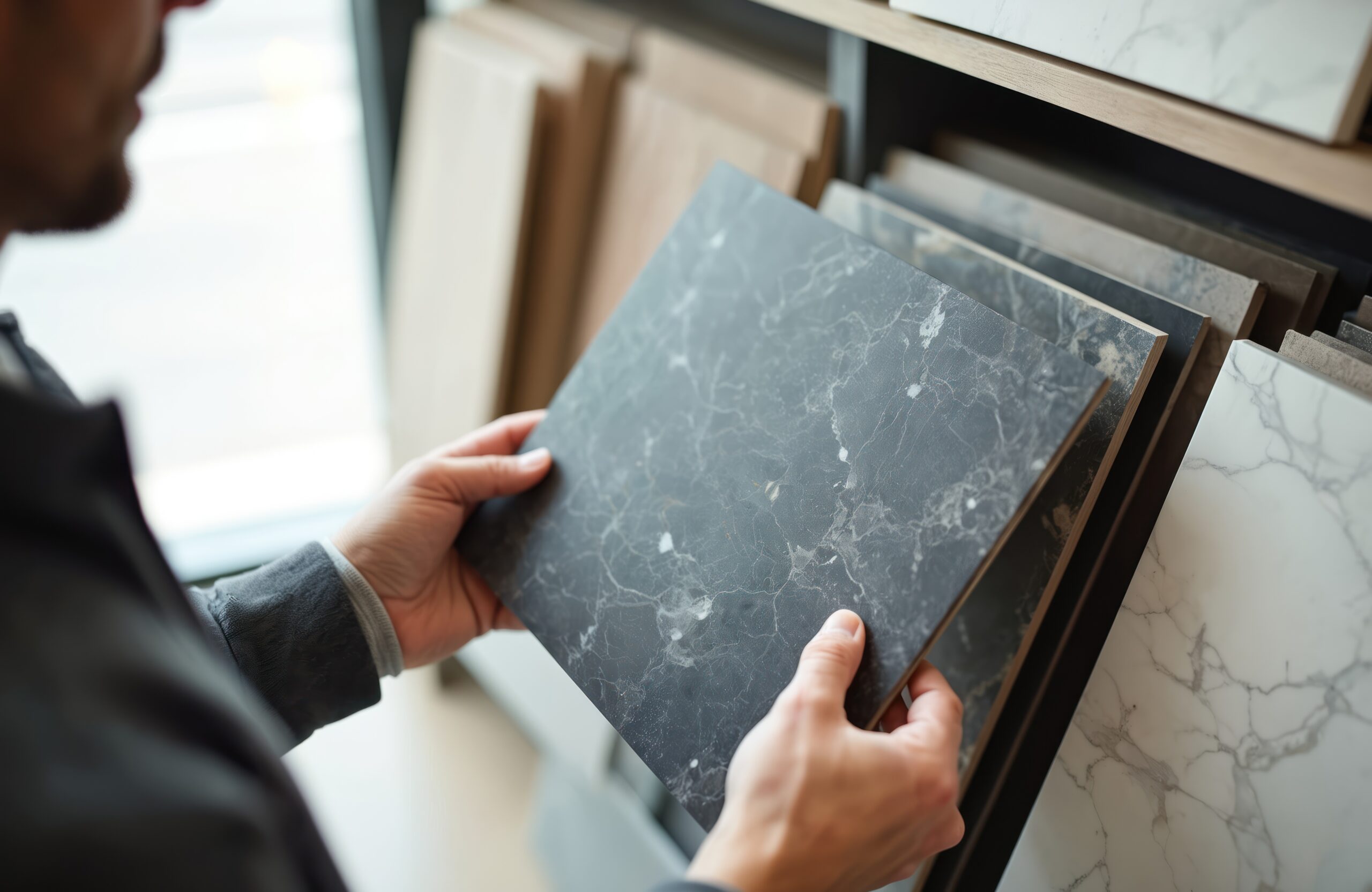 Man selecting stone kitchen countertop panel at furniture store. Person holds grey marble sample. Home improvement, design choice for interior construction renovation. Modern house decor catalog