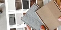 client choosing cabinet finish samples at agile cabinetry in Mt. Juliet