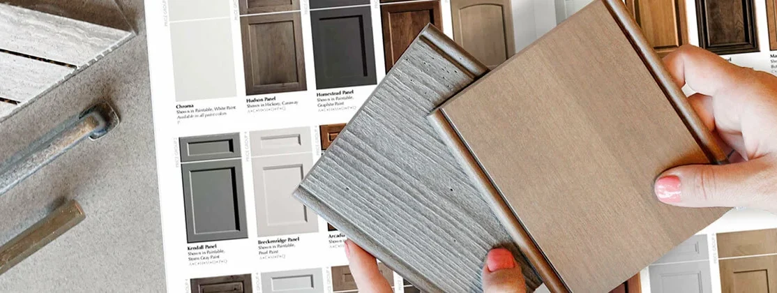 client choosing cabinet finish samples at agile cabinetry in Mt. Juliet