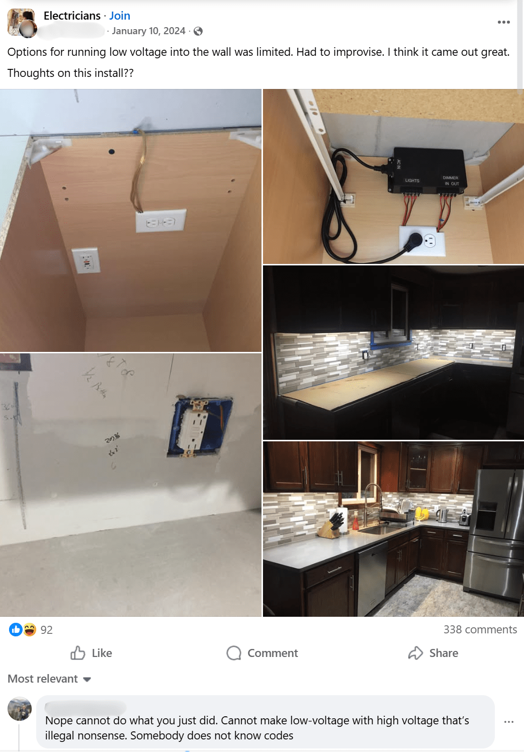 a facebook post that shows a conversation from an electrical about an undercabinet lighting error
